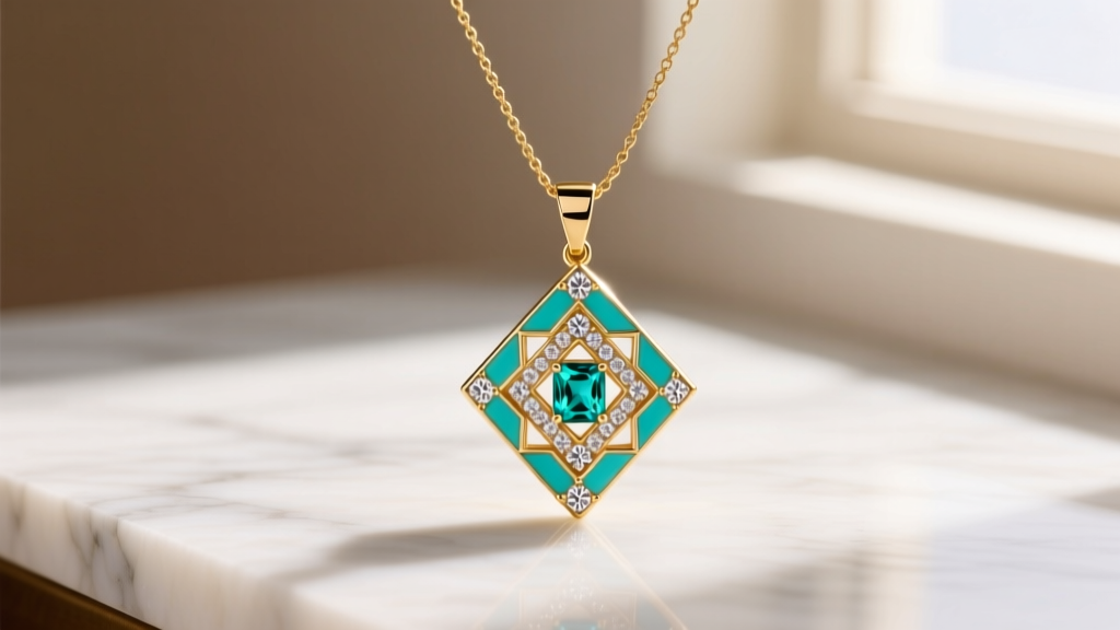 Modern 1928 Jewelry brand gold-tone pendant necklace with turquoise enamel and cubic zirconia accents displayed on white marble.