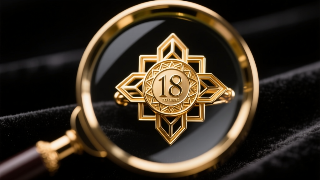 Macro shot of a loupe inspecting an 18k gold Art Deco brooch hallmark on black velvet under bright gemological lighting