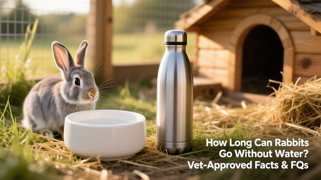Side-by-side comparison of a clean ceramic water bowl and a stainless steel water bottle in a rabbit enclosure