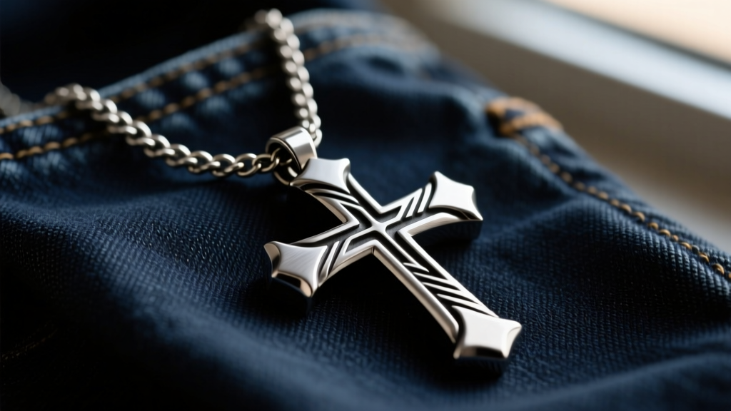 Heavy 316L steel rugged cross necklace on dark denim, moody lighting highlighting brushed metal textures and deep carved grooves.