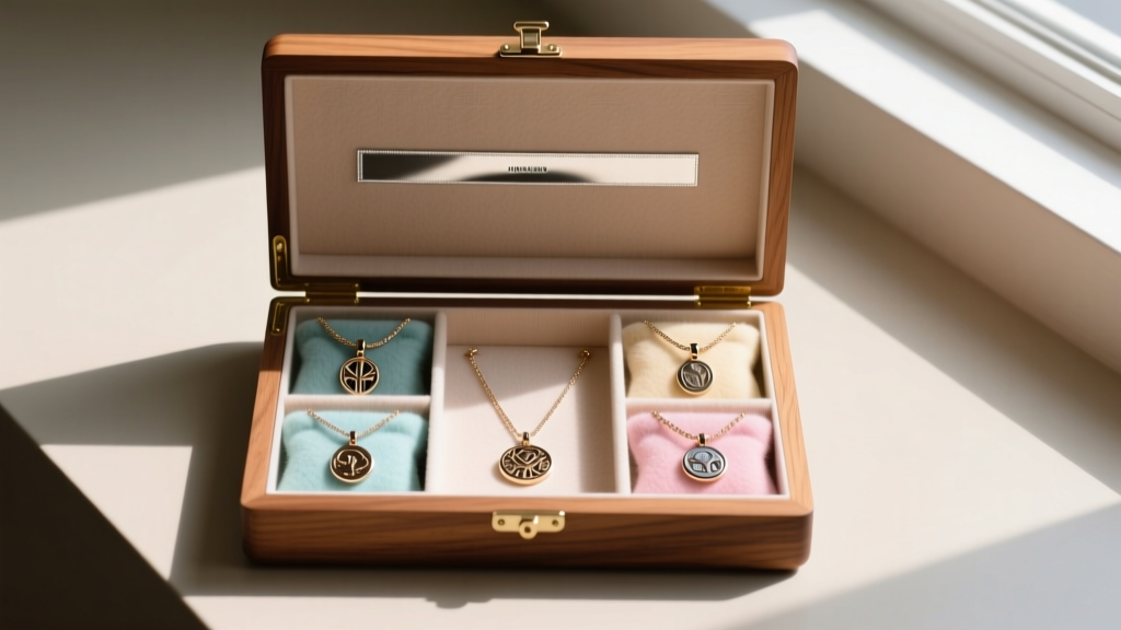 Open wooden jewelry box displaying separate flannel pouches and an anti-tarnish strip, keeping custom charm necklaces safely stored.