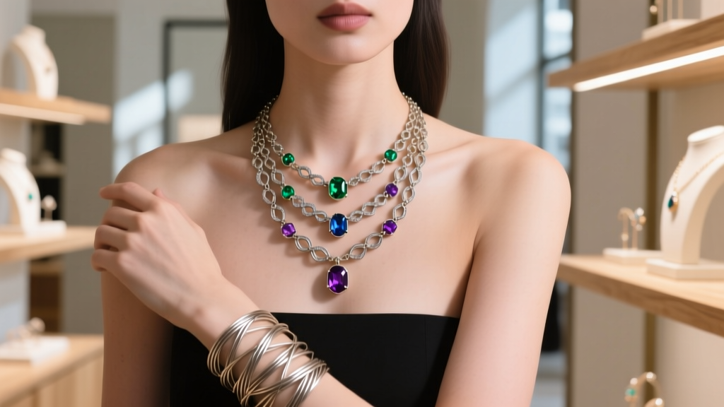 Boutique display showing a model wearing a three-tier layered pendant necklace set with a coordinated stack of wire bracelets