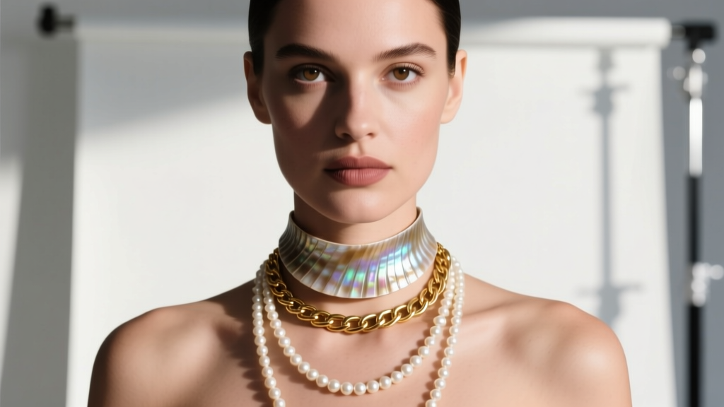 Woman wearing a layered stack with a 16-inch pucca shell choker, an 18-inch gold figaro chain, and a 20-inch pearl strand