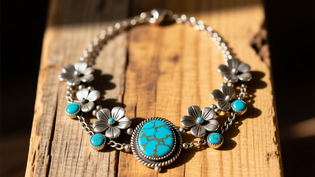 Navajo sterling silver squash blossom necklace with natural Kingman turquoise stones on a rustic wooden display in warm sunlight