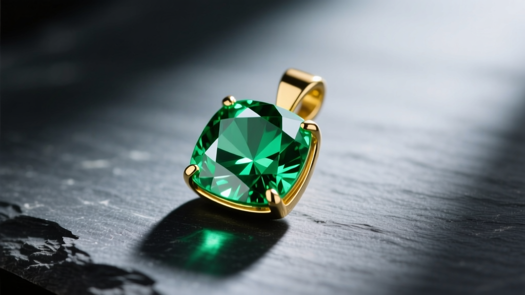 Macro shot of a faceted green tourmaline pendant in a 14k gold bezel on dark slate, lit by soft directional lighting.