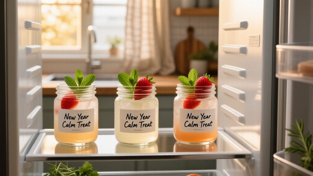Three small glass jars labeled 'New Year Calm Treat' stored in a refrigerator, with a sprig of mint and a strawberry on top
