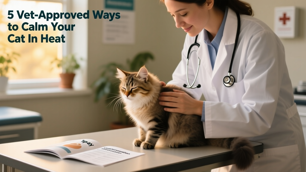 Veterinarian gently examining a calm kitten during a wellness visit, with spay information brochure visible on the exam table