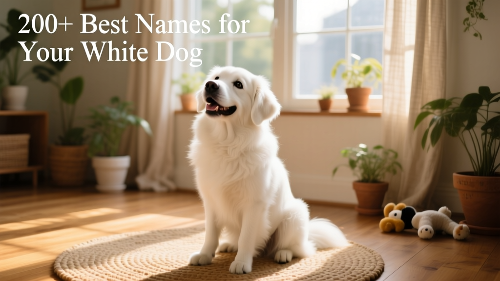 A joyful white dog sitting in soft natural light, head tilted playfully
