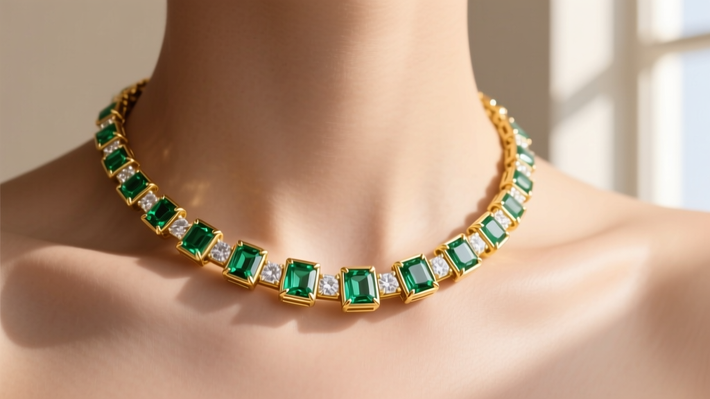 Bezel-set emerald cut tennis necklace in 14k yellow gold on a collarbone, showing sleek metal rims around each rectangular stone.