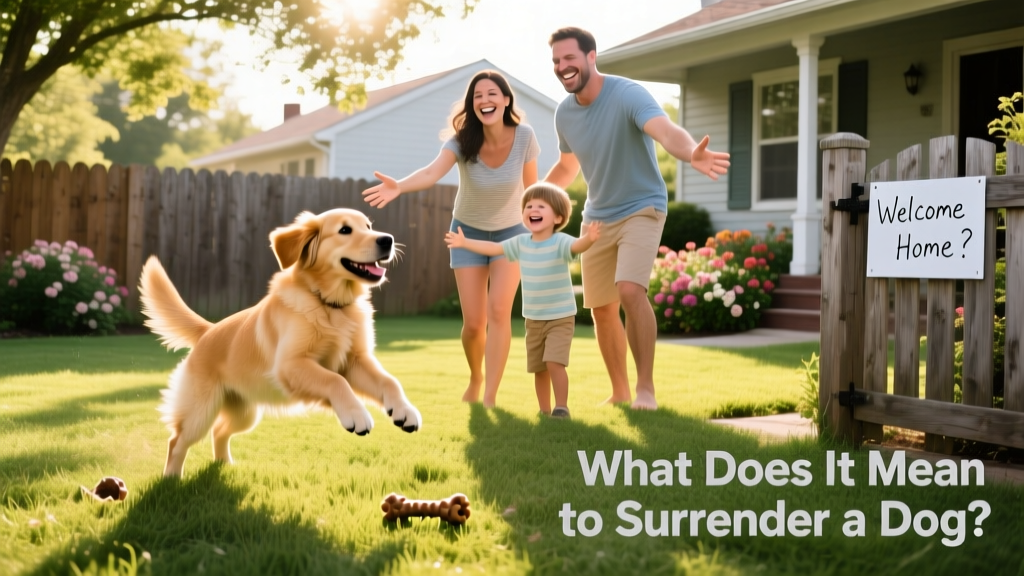 A joyful dog playing in a sunlit backyard with their new adoptive family
