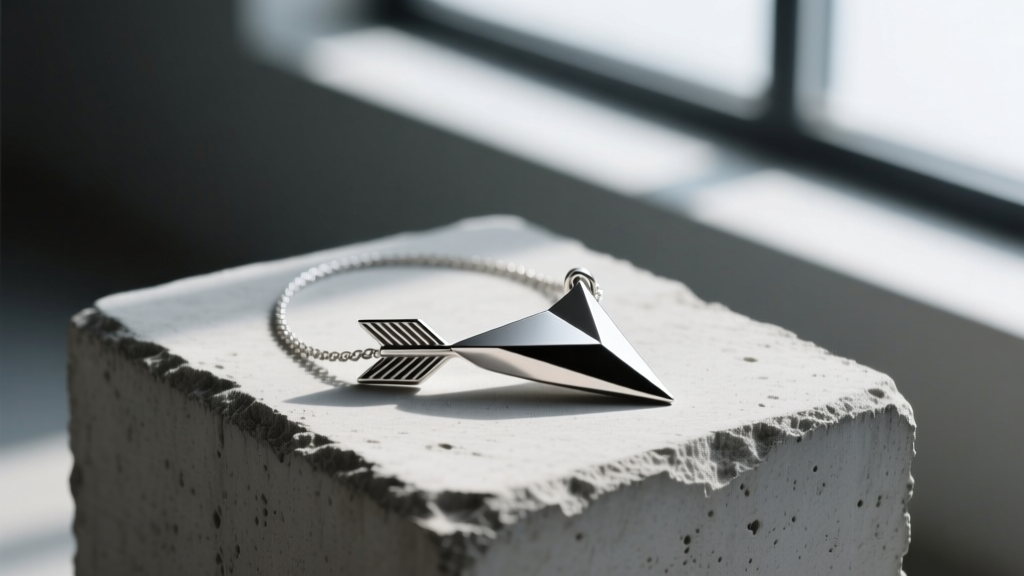 Brushed titanium arrowhead necklace with a modern geometric design, displayed on a concrete block with directional side lighting