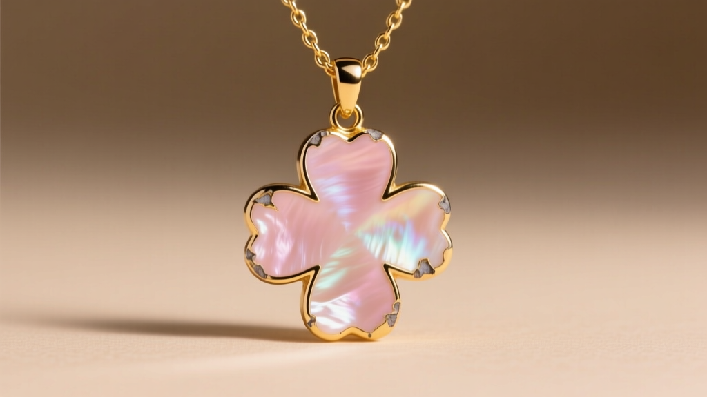 Macro shot of a faded pink mother of pearl clover pendant on a gold chain showing chipped enamel borders in studio light