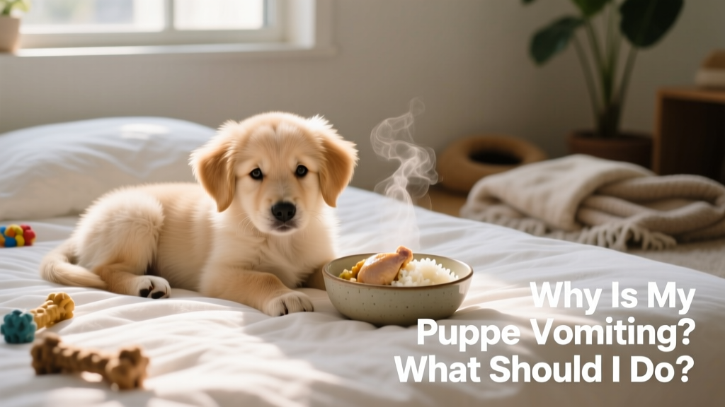 A calm puppy resting on a soft bed with a small bowl of bland food (boiled chicken and rice) nearby