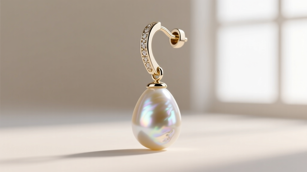 Close-up of an 18-gauge white gold leverback earring finding securely holding a heavy, large-scale teardrop pearl drop earring
