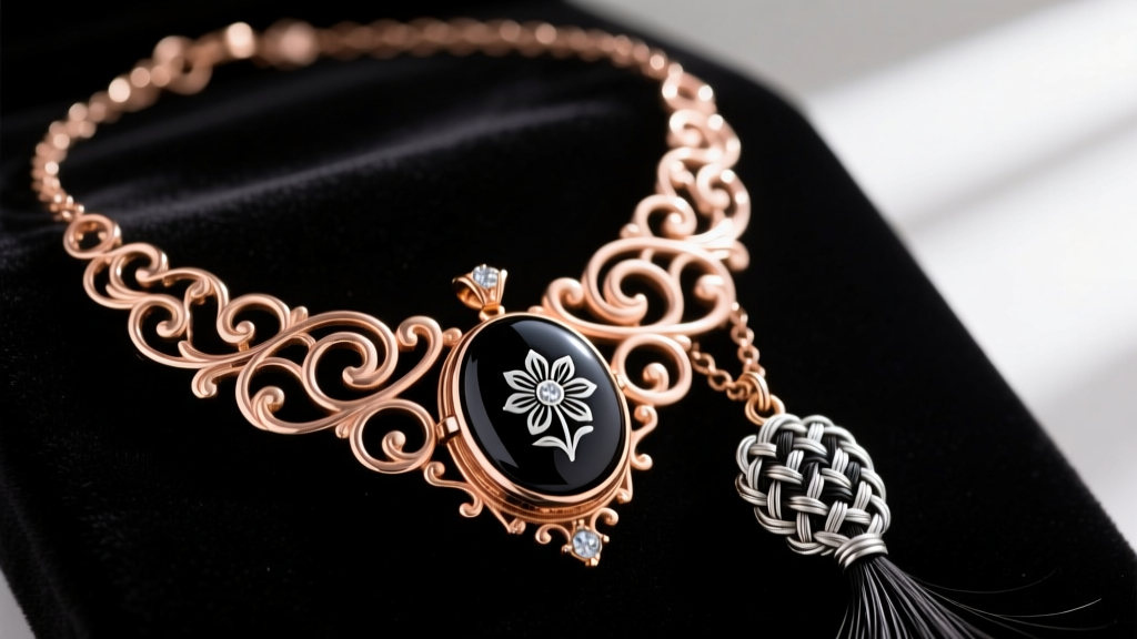 Antique 15k rose gold Victorian charm necklace with carved Whitby jet locket and woven hair pendant on dark velvet.