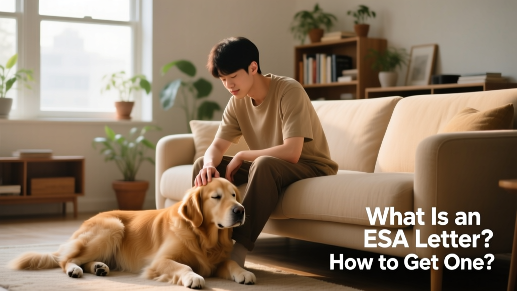 A person sitting calmly on a couch with their dog resting beside them, both relaxed and connected