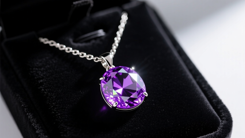 Close-up of a glowing purple Shikon jewel pendant on a sterling silver chain resting on a dark velvet jewelry display pad.