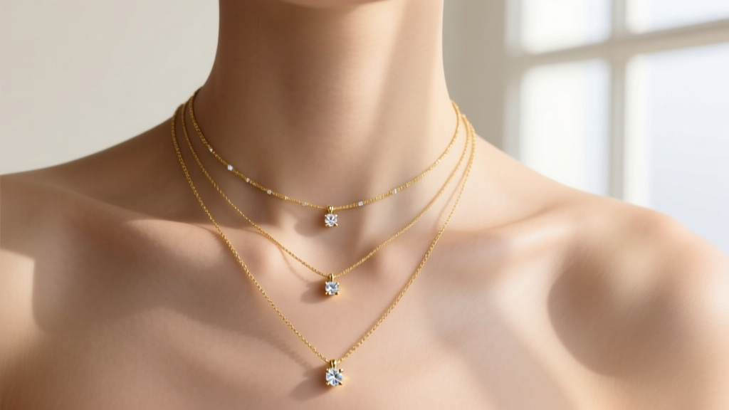 Three layered dainty gold necklaces of varying lengths on a collarbone, with tiny diamond pendants under soft natural light.
