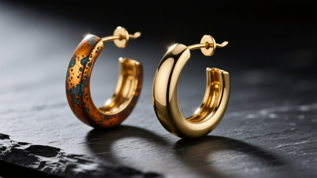 Tarnished and polished 18-gauge solid brass hoop earrings on dark slate, showing oxidation contrast under soft directional light.