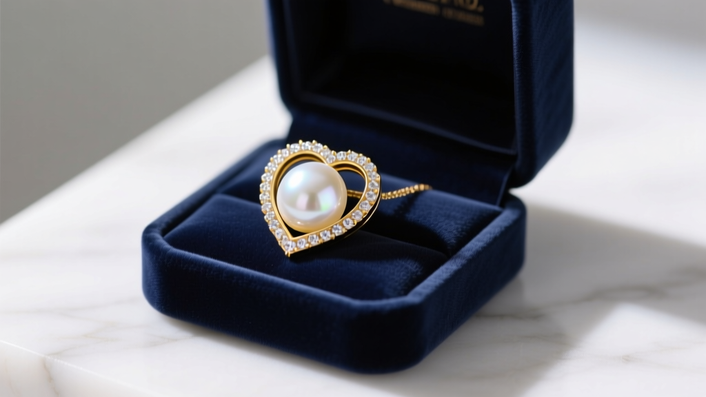 Open navy velvet box revealing a lustrous white Akoya pearl set in a delicate 18k yellow gold heart-shaped diamond halo pendant.