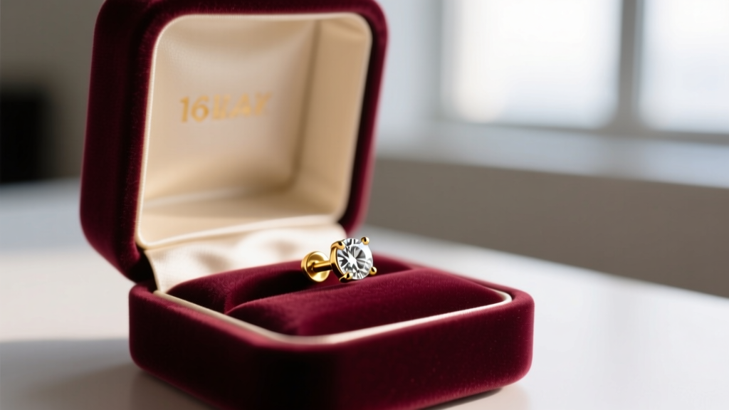 Open velvet box revealing a 16-gauge solid 14k gold tragus flat-back labret with a bezel-set diamond resting on soft cream silk.