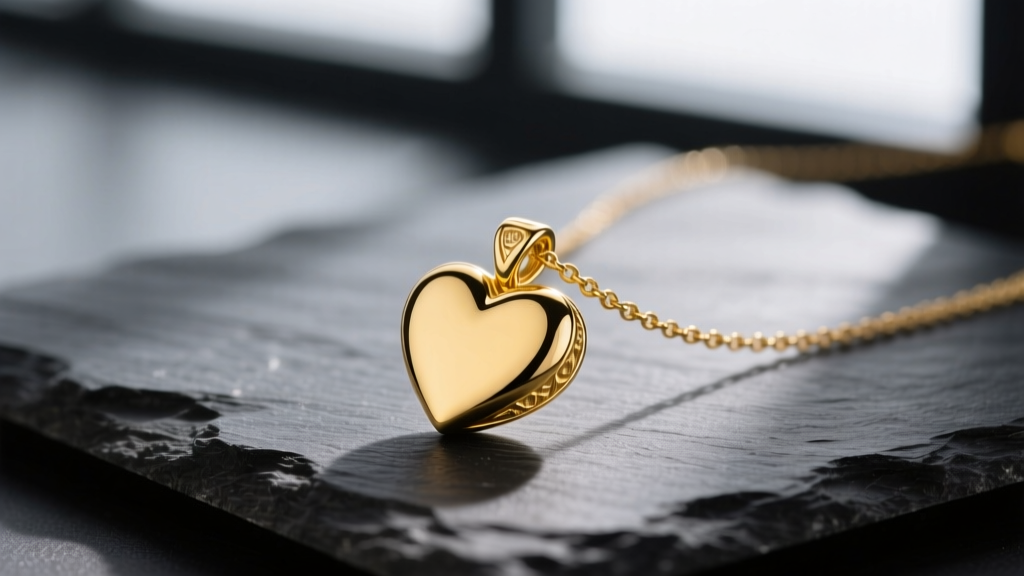 Macro shot of a polished 14k yellow gold heart charm necklace on dark slate, highlighting its warm luster and crisp edges.