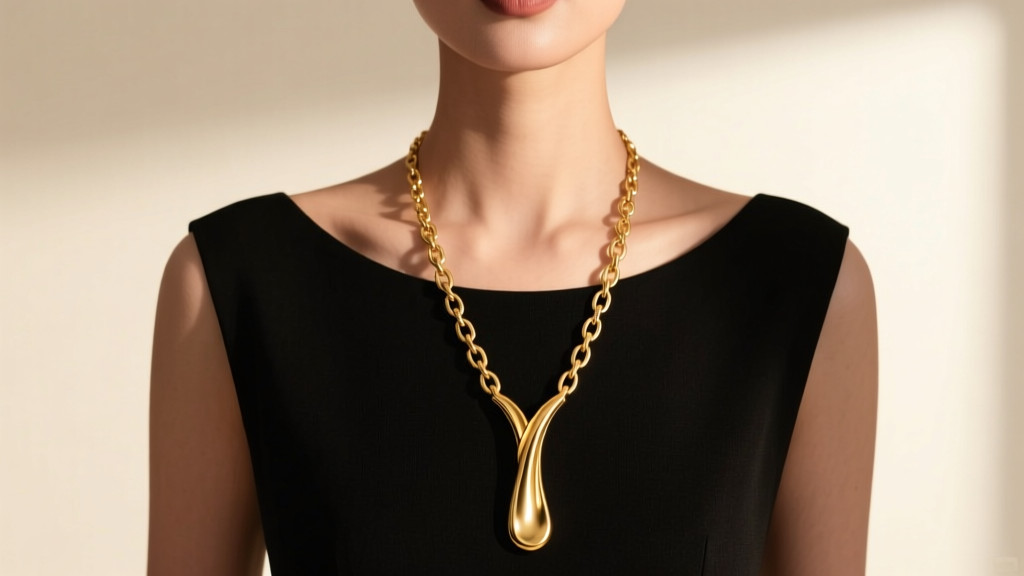 Woman in a black round neck dress wearing a 20-inch gold Y-drop necklace, studio lighting highlighting her collarbone and chain.