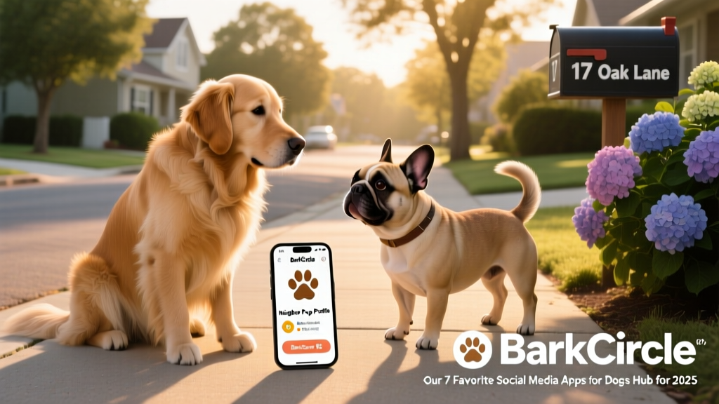 Two dogs meeting politely on a sunlit neighborhood sidewalk, with a smartphone showing BarkCircle's 'Neighbor Pup Profile' overlay