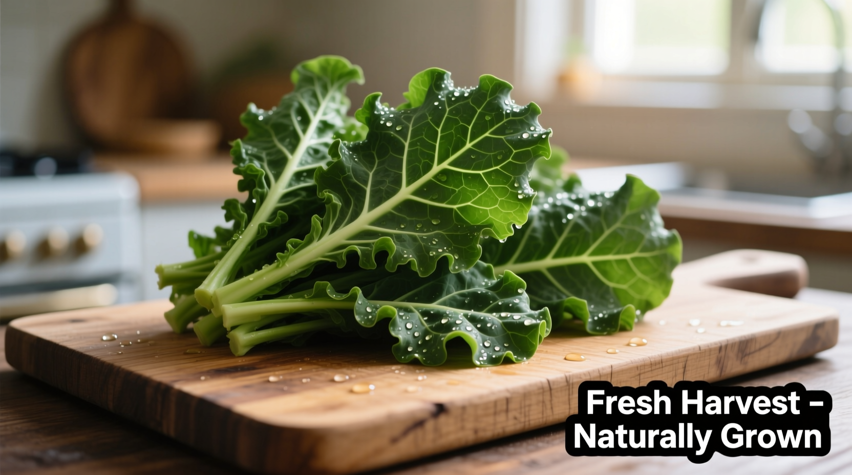 Fresh collard greens on wooden cutting board