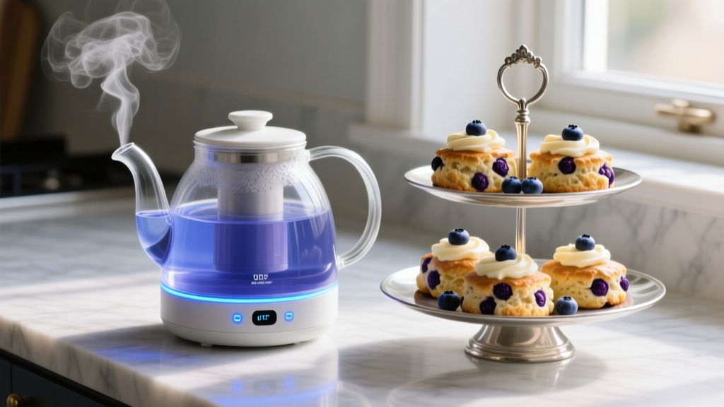 Glass smart tea kettle with glowing blue temperature indicators steaming next to a tiered stand holding fresh blueberry scones and clotted cream.