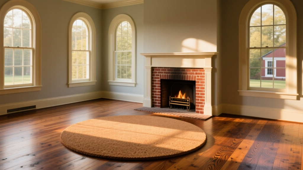 Sunlit historic Richmond VA living room featuring reclaimed heart pine flooring and a modern cork accent rug near a restored brick fireplace