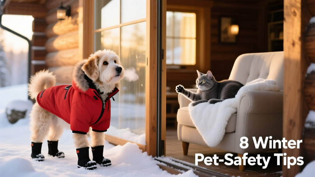 A cozy dog wearing a winter coat and booties, standing on snowy ground beside a cat wrapped in a soft blanket indoors