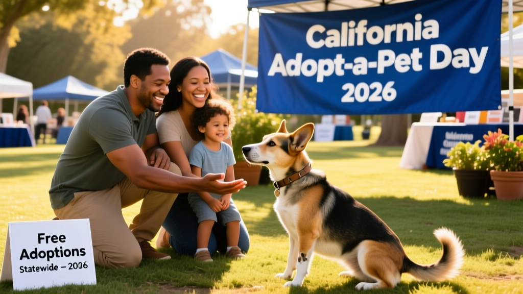 Happy family meeting a shelter dog at an outdoor adoption event