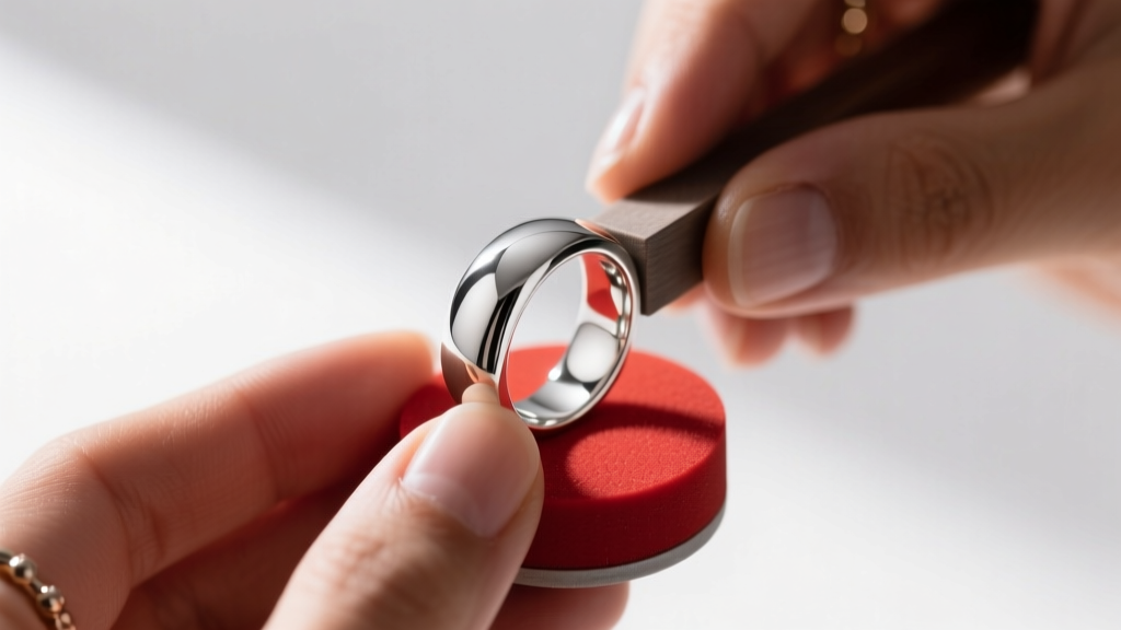Hands using a red rouge polishing wheel to achieve a flawless lucido mirror finish on a thick 925 sterling silver signet ring.