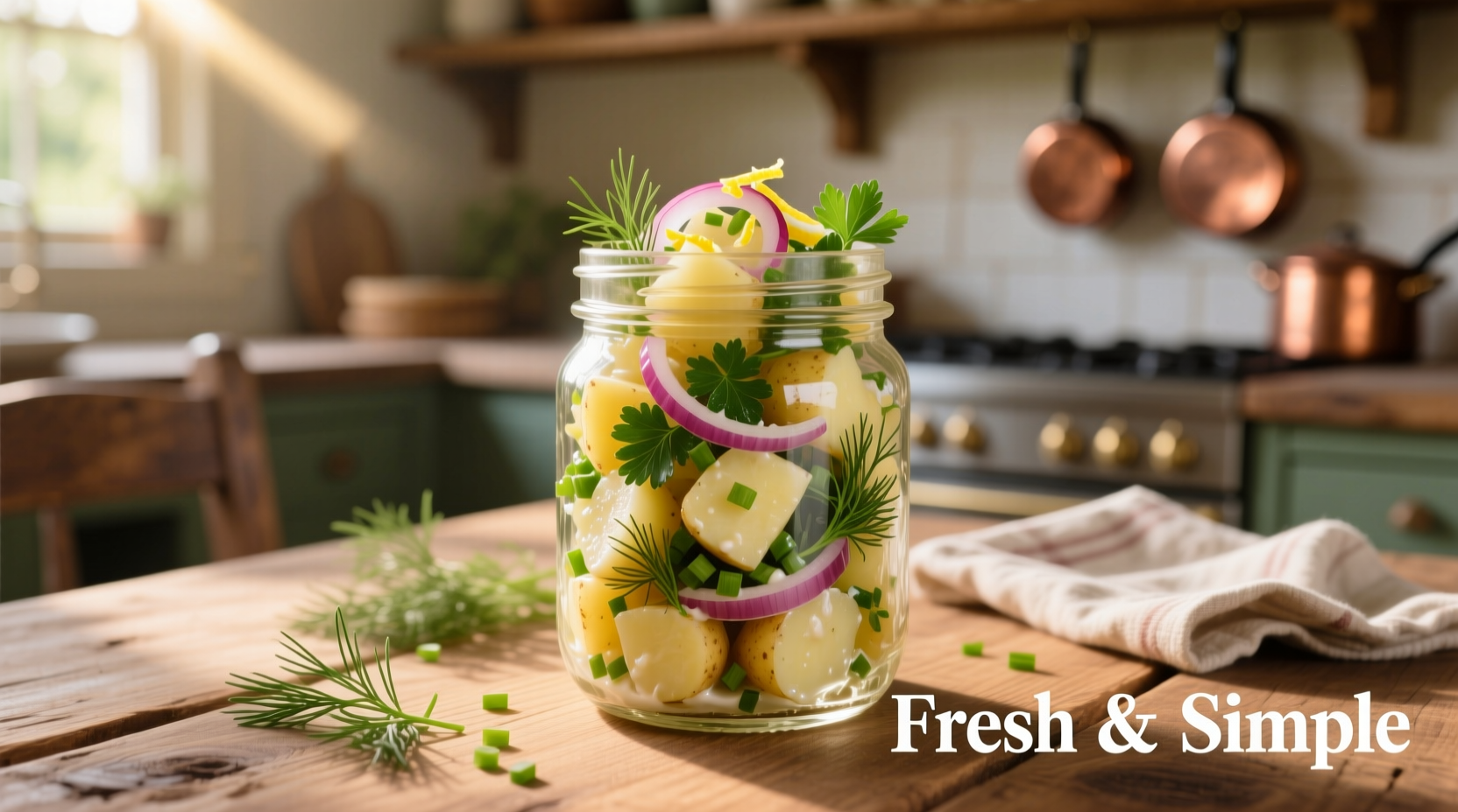 Fresh potato salad in glass container with herbs