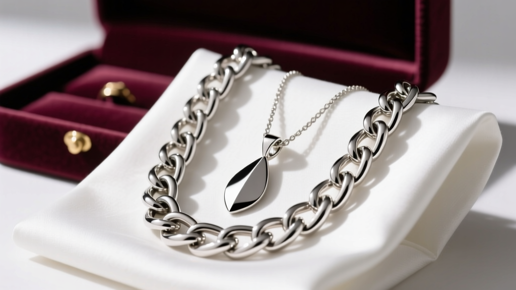 An anti-tarnish cloth wrapping a heavy Cuban link chain and spade necklace before being placed inside a velvet-lined jewelry box.