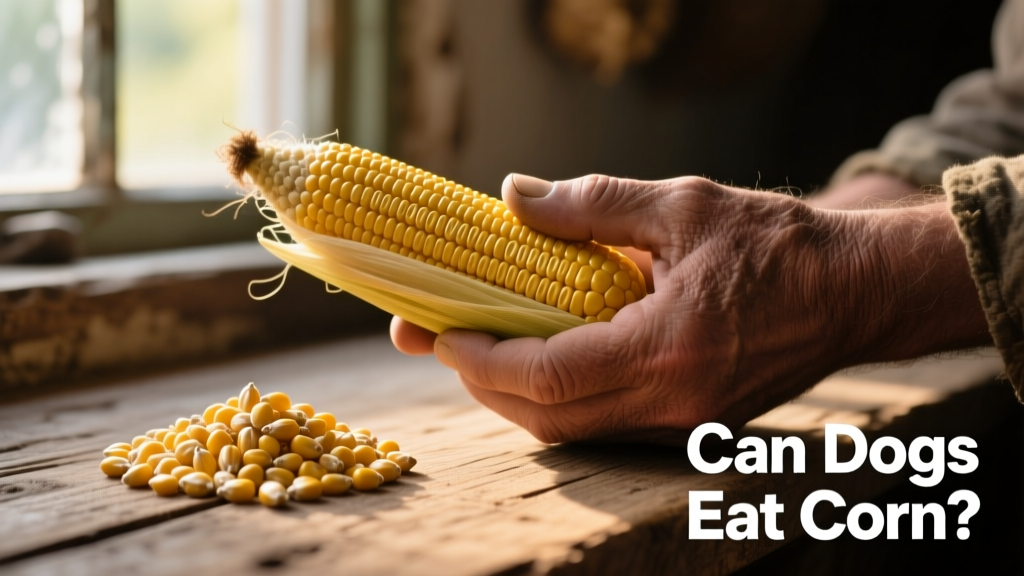 A hand holding a cob of fresh corn next to a small pile of golden kernels, illustrating safe vs. unsafe parts