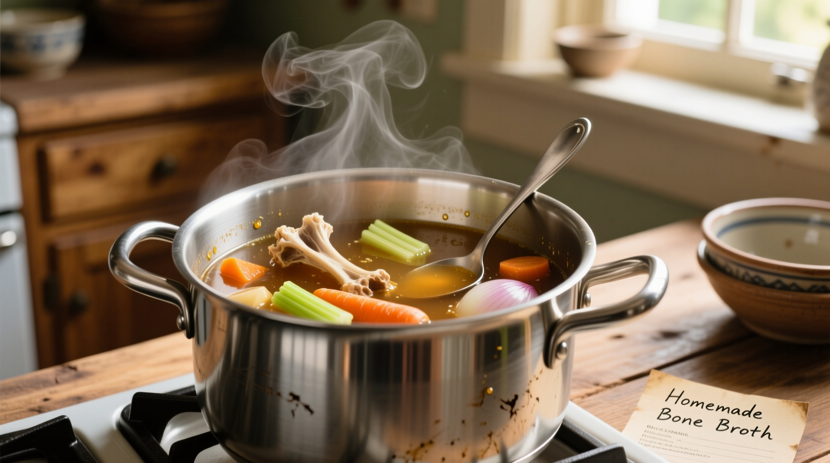 Bone broth simmering with vegetables in stainless steel pot