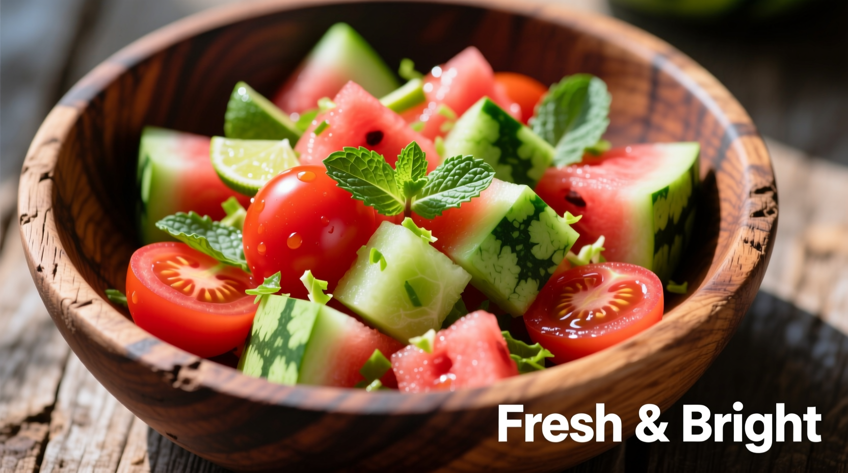 Colorful tomato watermelon salad in wooden bowl