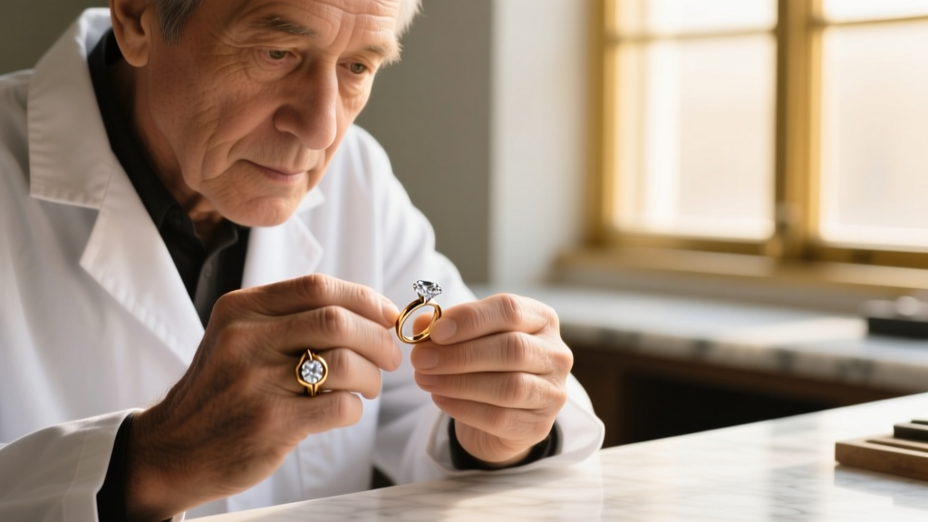 Close-up of a jeweler's hands attaching a 14k yellow gold diamond solitaire pendant to a delicate 1mm rope chain on a velvet pad