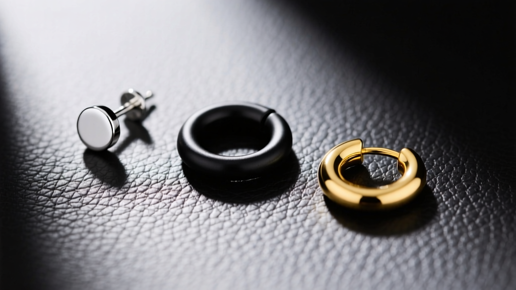 Overhead flat lay of an 18g silver stud, a 16g black steel hoop, and a 14k gold huggie earring on dark textured leather