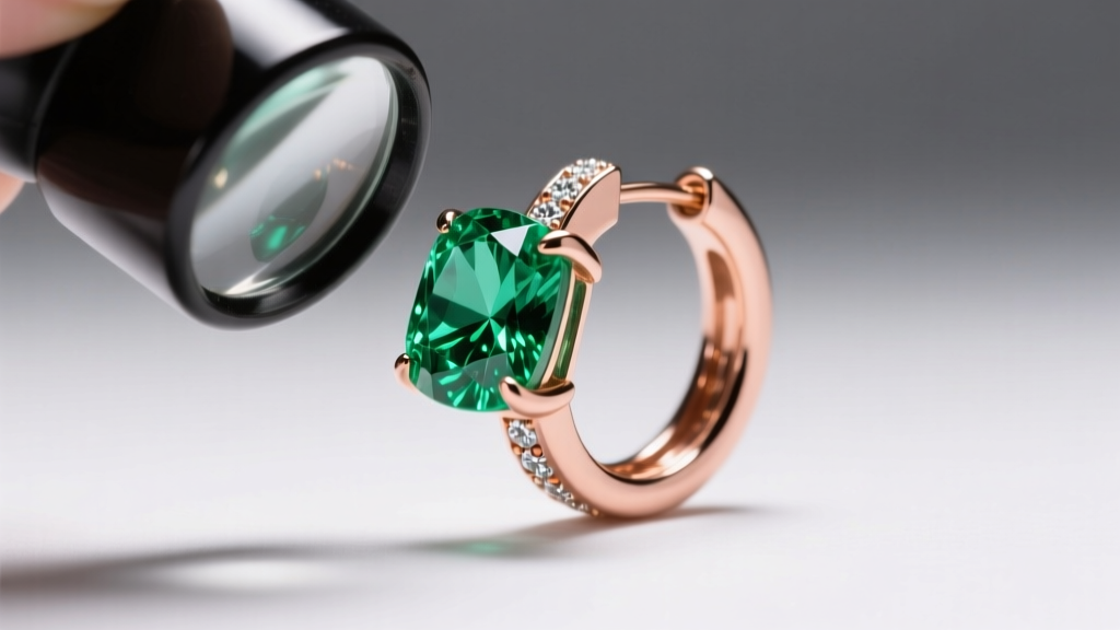Jeweler examining inclusions inside a lab-created emerald set in an 18k rose gold huggie earring under bright studio lighting