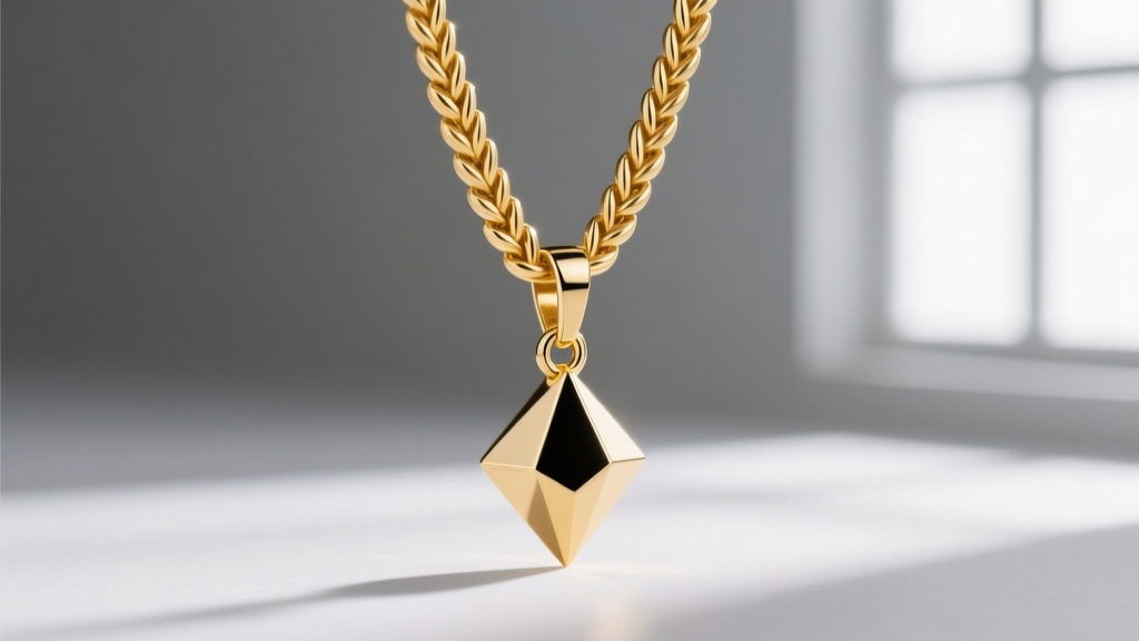 Macro photo of a 14k yellow gold wheat chain attached to a geometric dangle pendant via a soldered jump ring in studio lighting.