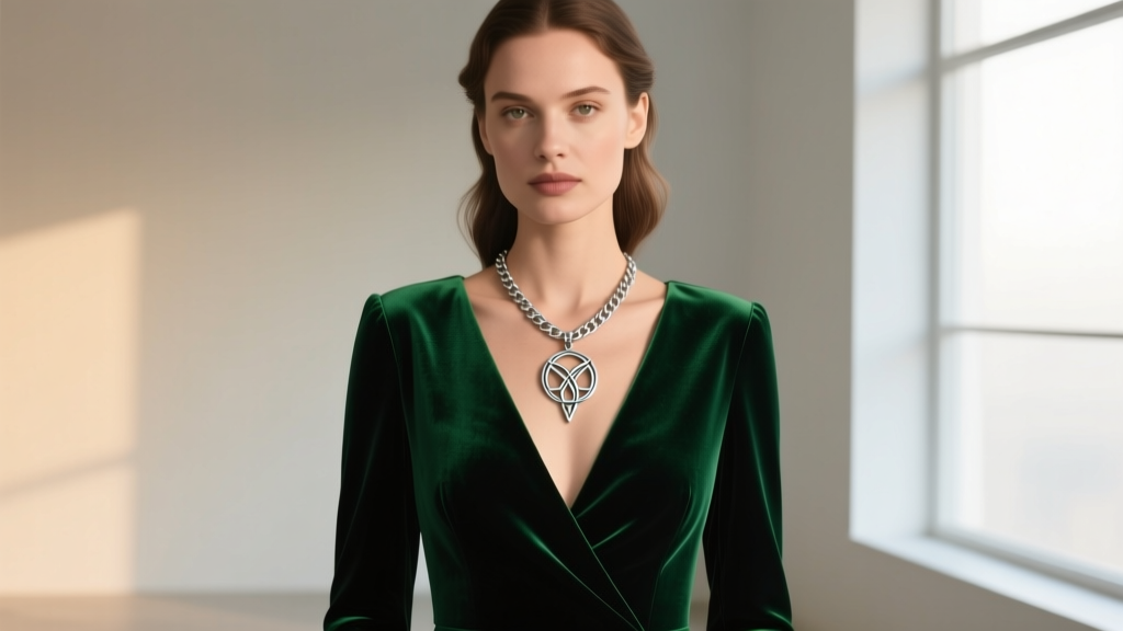 Woman wearing a deep emerald green velvet V-neck dress with an 18-inch silver box chain featuring the iconic Elven Evenstar