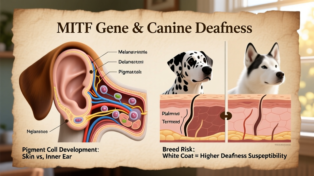 Infographic showing how the MITF gene affects pigment cell development in the inner ear and skin