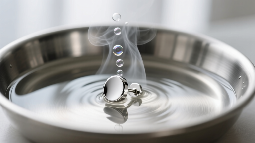Silver stud earring submerged in a hot water bath inside an aluminum-lined dish, with small gas bubbles rising to the surface
