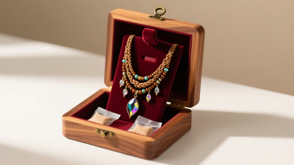 Cedar jewelry box displaying a boho statement necklace on a velvet hook, with anti-tarnish silica packets in the bottom corners.