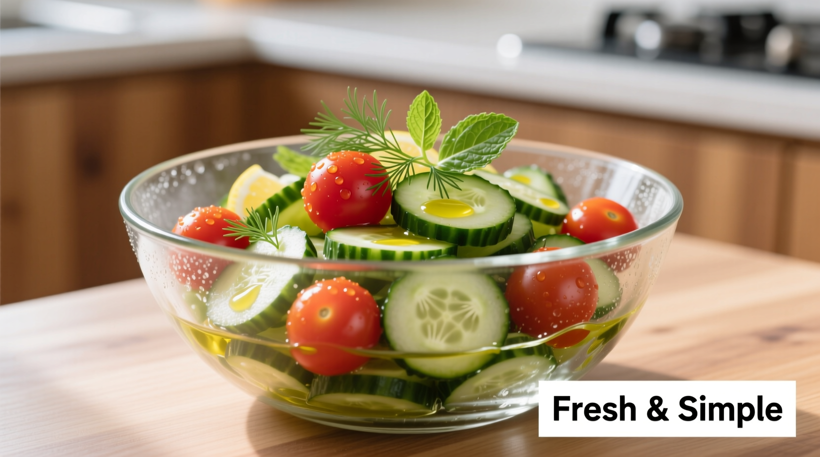 Fresh cucumber and tomato salad in glass bowl