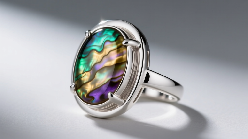 Side profile of a 925 silver bezel setting holding thick abalone shell, showing secure metal edges and polished rhodium finish.