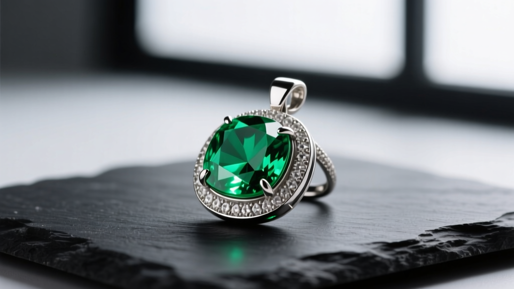 Close-up of a vibrant green emerald pendant in a thick sterling silver bezel setting, resting on dark slate, studio lighting.
